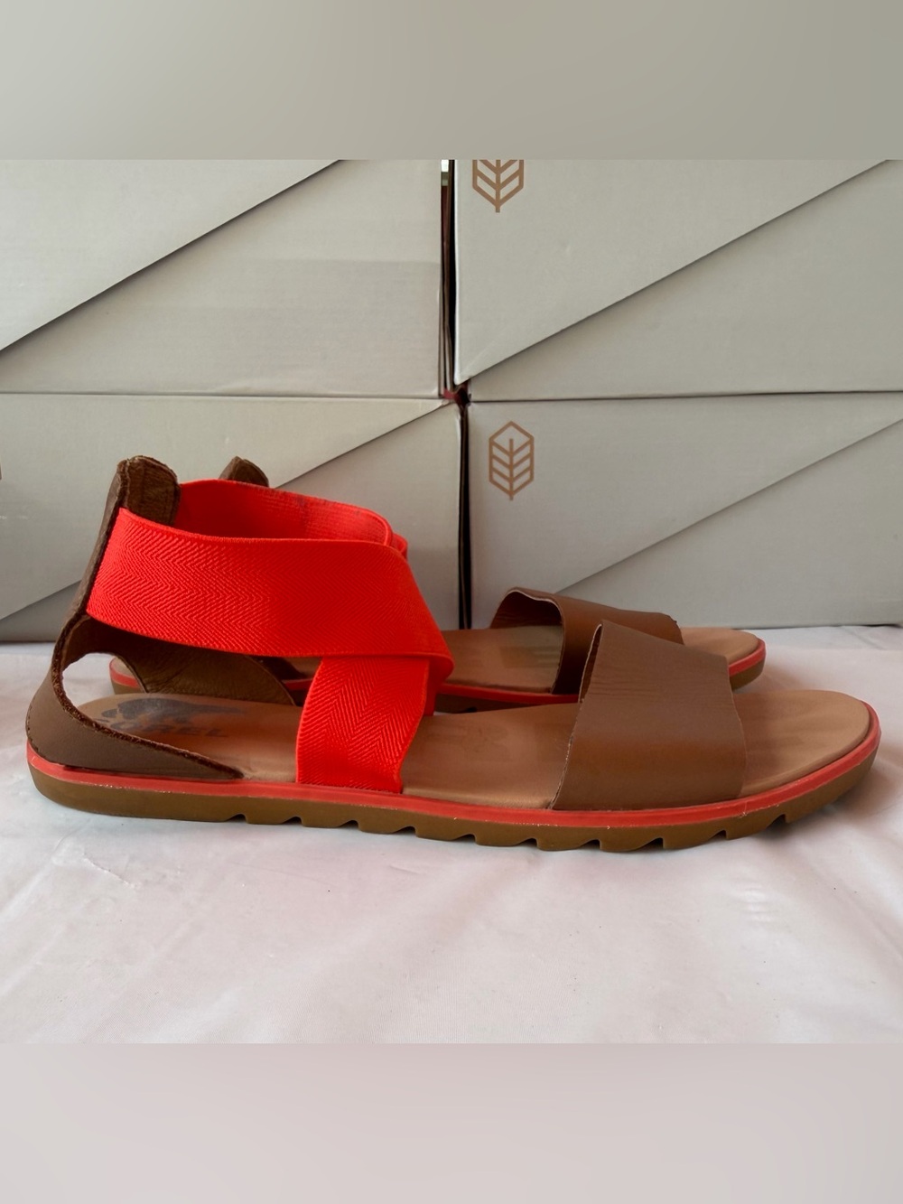 Sorel Brown Leather Sandals with Bright Red orange Elastic Strap